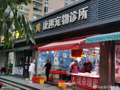 这是一张城市街头商铺的实拍静态图，画面中，一家店铺的上方招牌写着“康趣宠物诊所”，但店铺实际是经营生鲜宰杀售卖的摊位，摊位前摆放着处理好的肉类，上方挂着多盏红色生鲜吊灯，墙面是斑驳的蓝色，还有“现杀现卖”的红色标识，几位顾客和摊主在摊位前活动，左侧紧邻着一家面馆。招牌与实际经营内容的强烈错位，形成了极具反差感的趣味场景，容易引发观者的联想。