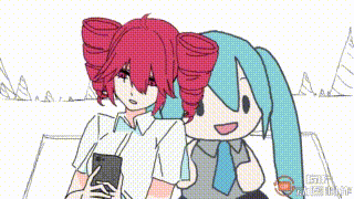 这是一张GIF动态图，画面呈现了VOCALOID旗下的两位虚拟歌姬：红发双马尾的重音Teto与Q版蓝发双马尾的初音未来并排而坐。重音Teto手持手机，身体和头部伴随动效轻轻晃动，面带微笑；旁边的Q版初音未来则是开心的表情，背景是用简单线条勾勒的户外场景，整体风格轻松可爱，没有任何对白内容。