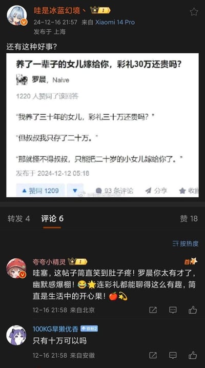 这是微博用户「哇是冰蓝幻境丶」转发的一则关于彩礼的搞笑互动段子：父亲称养了三十年的女儿要三十万彩礼，男方表示只有二十万，父亲便提出把二十岁的小女儿嫁给他，用「按彩礼金额对应女儿年龄」的反向逻辑制造出荒诞又幽默的笑点。转发的微博下，网友们纷纷玩梗互动，有人夸赞段子有趣，还有人问「只有十万可以吗」，整体氛围轻松搞笑。
笑点解析：用彩礼金额和女儿年龄划等号的反向思维，打破了常规彩礼讨论的严肃感，制造出反差幽默。
