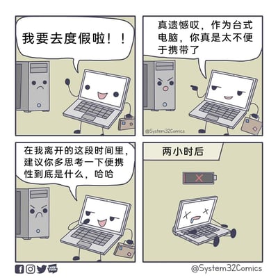 这是一组四格连环卡通漫画，将笔记本电脑和台式电脑拟人化，讲述了一个充满反转的幽默故事：第一格中，笔记本电脑开心地拎着小箱子宣布要去度假，一旁的台式电脑满脸沮丧；第二格，笔记本电脑得意地用手指着台式电脑，嘲讽它太过笨重不便于携带，台式电脑见状露出愤怒的表情；第三格，笔记本电脑临走前还不忘调侃台式电脑，让对方在自己离开时好好思考“便携性”的含义；第四格，两小时后，笔记本电脑因为电池彻底耗尽，双眼翻白、嘴角流口水地倒在地上，上方的电池图标显示电量耗尽。漫画通过这种反差，调侃了笔记本电脑虽便携但依赖电池的致命弱点，充满趣味。