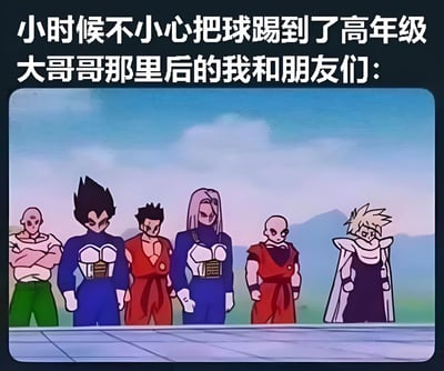 图片上方有文字“小时候不小心把球踢到了高年级大哥哥那里后的我和朋友们：”，下方是《龙珠Z》中的六位角色并排站立的画面，他们表情严肃，姿态挺拔，形成一种极具压迫感的阵容。这张梗图通过将童年时不小心招惹高年级学生后的紧张害怕情绪，与《龙珠Z》中强大战士们出场时的严肃氛围相结合，形成幽默的反差效果，让人会心一笑。