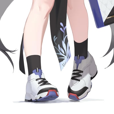 Anime-style illustration focusing on a character's lower legs and feet. The character wears black socks and trendy white sneakers with blue accents and red details on the soles. A black garment with blue floral patterns drapes between the legs, suggesting traditional clothing elements blended with modern fashion.