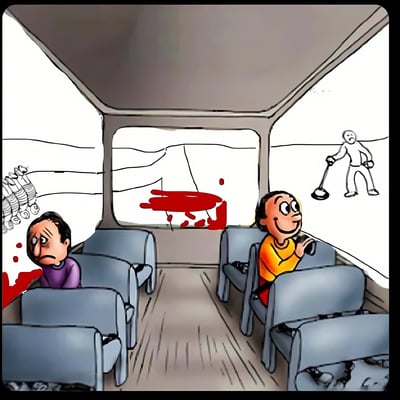 这幅卡通图描绘了公交车内部场景，有两名乘客。左侧乘客面露悲伤担忧之色，右侧乘客则显得开心兴奋，正望向窗外。窗外有一个手持马桶搋子的人，车窗和车内可见红色污渍。画面对比了乘客对外部情况的不同反应。