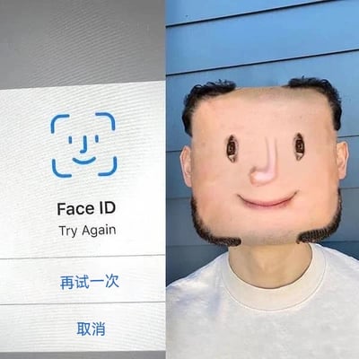 这是一张左右对比的静态梗图，左侧为苹果iOS设备的Face ID识别失败界面截图，界面上方是蓝色的Face ID标志性笑脸识别图标，下方依次显示英文“Face ID Try Again”，以及中文操作选项“再试一次”和“取消”；右侧是一位真人的上半身照片，该人物戴着一个与左侧Face ID图标1:1还原的实体头套，头套的五官布局、微笑的嘴角、头部轮廓都和识别图标完全一致，将虚拟的识别图标实体化，形成了强烈的幽默反差，调侃了Face ID有时识别失败、需要用户多次尝试的使用痛点，营造出“按照识别图标制作头套就能通过验证”的搞笑脑洞效果。