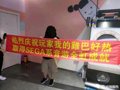 图片中显示一名戴着兜帽的玩家站在游戏厅内，手持一条红色横幅。横幅上用黄色文字写着："热烈庆祝玩家我的雞巴好热取得SEGA系音游全虹成就"。背景中可以看到SEGA的街机设备，显示这是在游戏厅环境中。玩家通过举横幅的方式幽默地庆祝自己在SEGA音乐游戏中获得的全虹成就（最高评级成就）。