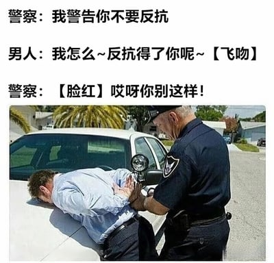 该梗图为图文混排形式，上方是虚构的幽默对话，下方是一张真实执法场景照片。对话中警察警告“不要反抗”，男子却用撒娇语气回应“我怎么~反抗得了你呢~【飞吻】”，让警察“【脸红】哎呀你别这样！”。照片显示一名警察正给俯身靠在警车引擎盖上的男子戴手铐，严肃的执法动作与调情式对话形成强烈反差，营造出滑稽搞笑的效果。