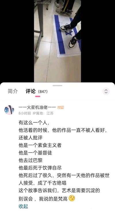 这是一张竖屏格式的B站视频截图，分为上下两部分：上半部分是视频画面，显示有人穿着黑白运动鞋脚踩以色列国旗；下半部分是该视频的评论区，当前显示评论总数为847条，其中一条来自用户“一一火星机油佬一一”（LV4等级，IP属地江苏）的热评，以描述人物特征的方式制造反转梗：先列出“生前作品不被认可、素食主义者、基督徒、去过巴黎、饮弹自尽、死后作品成为经典”这些容易引发特定联想的内容，最后点明所描述的是梵高，以此制造趣味反差，结尾还附带了一个尴尬表情。