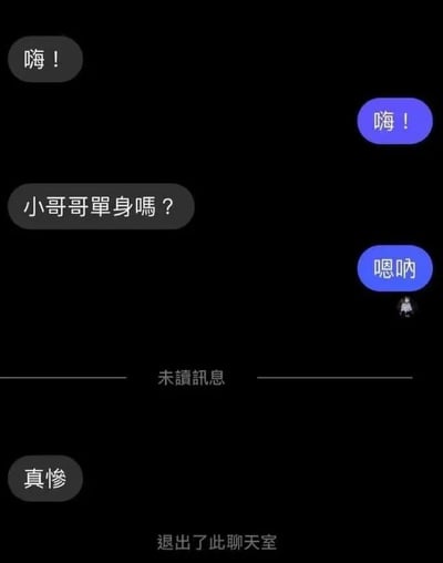 这是一张社交聊天平台的记录截图，对话流程为：对话发起方先发送“嗨！”打招呼，对话回复方回应“嗨！”；随后发起方询问“小哥哥单身吗？”，回复方给出肯定答复“嗯呐”；接着发起方直接回复“真惨”，随后系统提示该发起方退出了此聊天室。这段对话通过简短的反差式回应，用调侃的方式戳中单身群体的自嘲点，营造出搞笑又扎心的效果，没有使用双关、谐音梗等手法。