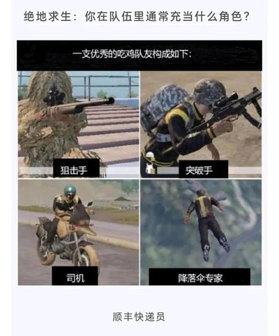 这是一张针对游戏《绝地求生》创作的趣味梗图，顶部以提问“绝地求生：你在队伍里通常充当什么角色？”引出内容，随后标注“一支优秀的吃鸡队友构成如下”，并通过四格游戏截图拼接展示了四种“队友角色”：左上角是身着吉利服持枪瞄准的狙击手，负责远程打击；右上角是持枪向前突进的突破手，负责正面攻坚；左下角是驾驶摩托车行进的司机，负责队伍的转移代步；右下角是从空中坠落的“降落伞专家”，这是玩家的搞笑调侃，暗指这类玩家落地就被淘汰，像快递员一样把装备送给敌人，底部的文字“顺丰快递员”进一步强化了这个调侃，整体是对游戏中不同玩家定位的趣味总结，用幽默的方式调侃了游戏里常见的玩家状态。