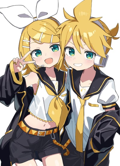 图中呈现的是VOCALOID旗下的经典虚拟歌手镜音铃与镜音连，二人身着标志性的公式服登场。镜音铃头戴白色大蝴蝶结发饰，留着齐刘海搭配白色发夹，对着镜头比出V字手势，嘴巴张开露出虎牙，笑容活泼兴奋；镜音连戴着白色耳机，发型张扬，咧嘴露出开心的笑容，两人紧密靠在一起，整体画风清新软萌，充满青春元气感。
