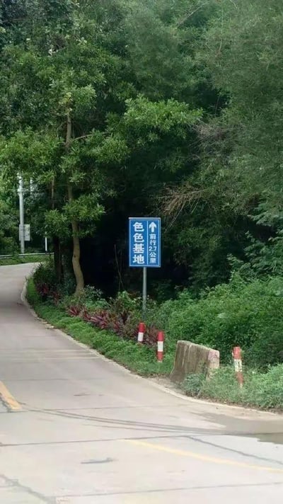 这是一张户外乡间道路的实拍照片，画面中可见一条水泥铺设的蜿蜒小路，路边被茂密的绿色树木和低矮植被环绕，环境充满郊野气息。在道路的转弯位置，竖立着一块蓝底白字的交通指示牌，路牌竖排写着“色色基地”，右侧配有向上的箭头和“前行77公里”的文字说明。路牌的文字内容容易让人产生联想，形成趣味梗，实际应为正规的基地名称，可能是字体排版或谐音导致的视觉趣味效果。
